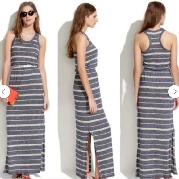 Madewell  Navy Gray Striped Racerback Maxi Dress Size Medium - Picture 1 of 9